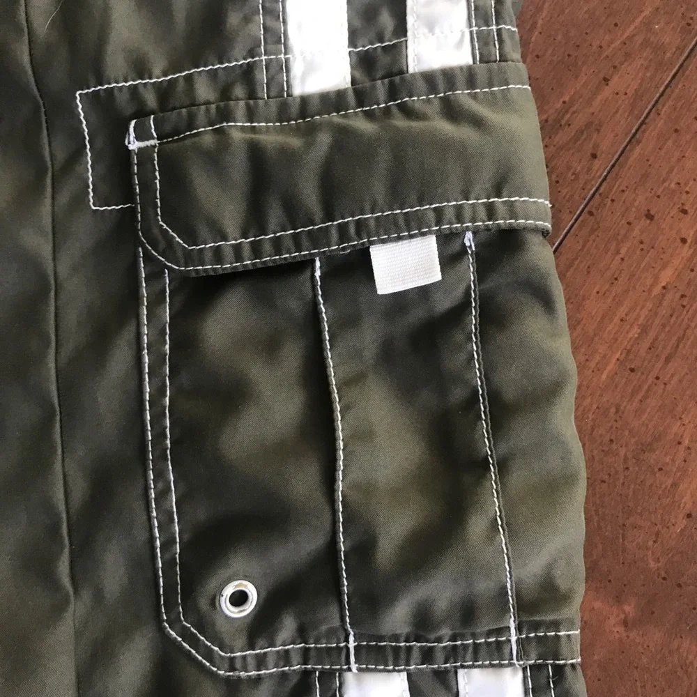 Joe Boxer Mens L Green w/ White Stripe‎ Swimming Trunks Lined with Cargo Pockets